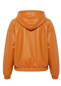 Survêtement à capuche en similicuir orange pour femme, coupe ample, pantalon de jogging ajusté - Product Image 3