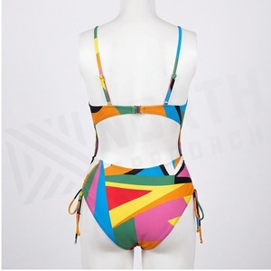 Women One Piece Swimsuit Geometric Print <b>Crossed</b> Halter Twist Design Tie Side Drawstring Stretch Bikini Beachwear - Product Image 2