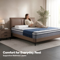 Cadre de lit moderne de luxe en cuir marron rembourré avec tête de lit à panneaux verticaux, matelas blanc et lattes en acier et bois pour mobilier de chambre