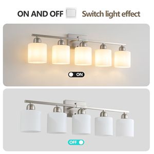 Modern 5-<b>Light</b> Bathroom Vanity <b>Light</b> Fixture Brushed Nickel with Milky White Frosted Glass Shade Wall <b>Sconces</b> - Product Image 6