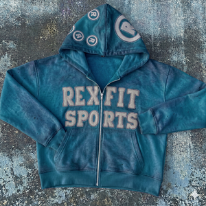 Sweat à capuche surdimensionné pour homme avec logo brodé Rexfit Sports, sans cordon, effet vieilli, fermeture éclair, tissu épais, personnalisable - Product Image 1