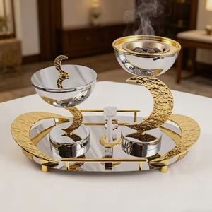 Luxurious Silver And Gold Incense Burner Set Featuring Crescent Moon Stands Matching Bowls & <b>Mirrored</b> Serving Tray For Fragrance - Product Image 4