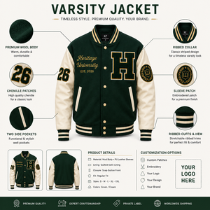Chaqueta Bomber Varsity con Capucha para Hombre, Estilo Heritage University, Color Verde, con Parche Bordado en Forma de H, Alta Demanda, Venta al Por Mayor - Product Image 4