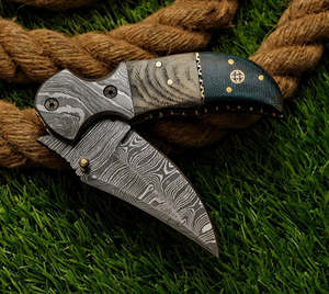 Cuchillo Plegable Personalizado de Acero de Damasco con Punta Caída, Mango de Micarta, Funda de Cuero, Cuchillo Táctico EDC para Camping - Product Image 4