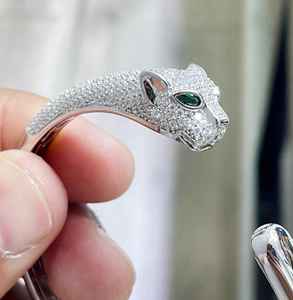 925 Sterling <b>Silver</b> Panther Head Bangle Diamond Shape Round Brilliant Cut Channel Setting Open <b>Cuff</b> <b>Bracelet</b> for Women - Product Image 6