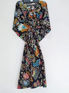 Robe Kaftan Vintage pour Femme, Imprimé Floral, Dentelle, Col en V, Manches 3/4, Lavable, Longueur Genou, 240g, 100% Coton, Coupe Ample Évasée - Product Image 3