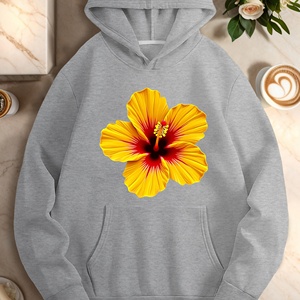 เสื้อฮู้ดถักลำลองสำหรับผู้หญิงลายดอกชบาสีเหลืองพิมพ์ลาย - Product Image 2