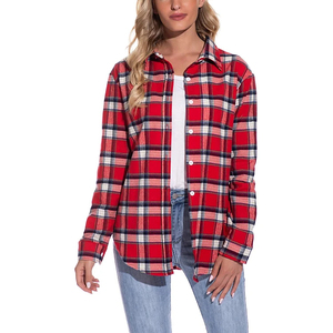 Camisa de Franela a Cuadros Roja para Mujer, Manga Larga, Cuello Camisero, Estilo Casual, para Otoño, 100% Algodón - Product Image 6