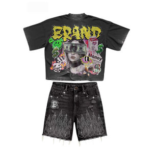 Tenue de mode estivale, t-shirts décontractés surdimensionnés de haute qualité imprimés sur mesure et shorts en jean déchirés avec strass, ensemble 2 pièces pour hommes - Product Image 2