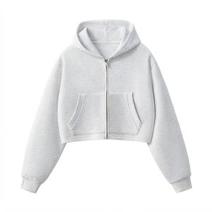 Women's Light Gray Hooded <b>Zip</b>-<b>Up</b> <b>Crop</b> Sweatshirt 100% Cotton Knitted Solid Color Winter Casual Wear Custom Logo Front Position - Product Image 1