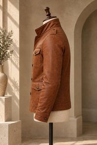 Veste en cuir marron pour homme, col montant, simple boutonnage, 4 poches, coupe-vent, décontractée, automne - Product Image 4