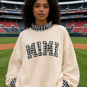 Sudadera OEM personalizada con bordado de patchwork a cuadros, aplique de chenilla de guinga con letras personalizadas para la familia, jersey de cuello simulado de forro polar - Product Image 3
