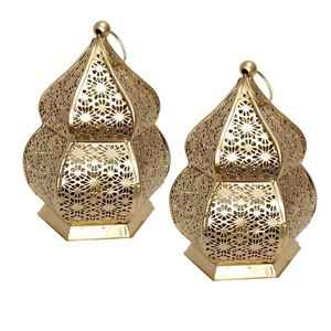 Lanterne à bougie élégante de style marocain en métal et verre finition or, porte-bougie vintage arabe à poser ou à suspendre pour le Ramadan - Product Image 2