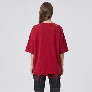 T-shirt oversize déchiré à épaules tombantes pour femme, 100 % coton, style streetwear tendance - Product Image 3