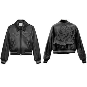 Chaqueta de Cuero Vacuno Negro de Alta Calidad para Hombre, Estilo Varsity, con Cuello Alto, Decoración Bordada, Estilo Aviador, para Invierno - Product Image 3
