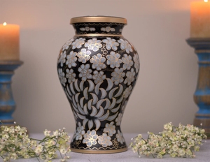 Black Handmade Oval Aluminum Cremation Urn Beautiful Pearl White Floral Hand Painted Design Modern Eco-Friendly Durable - Product Image 1