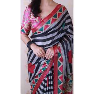 Sari de Seda Tussar Gris Tradicional Chino de Elite Weaves con Rayas y Diseño Estampado con Hilo Zari - Product Image 5