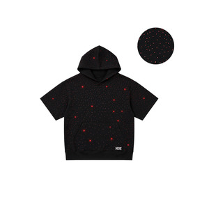Sweat à capuche ample et scintillant rouge entièrement orné de strass, à manches courtes, en coton épais, style streetwear, fabrication sur mesure - Product Image 2