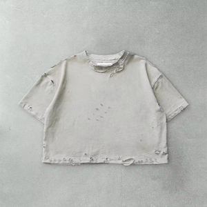 เสื้อยืดโอเวอร์ไซส์ผู้ชาย สีขาว ผ้าฝ้าย แขนสั้น คอกลม ทรงครอป สไตล์สตรีท ผ้าเจอร์ซีย์ถัก ดีไซน์เรียบ โลโก้ด้านหน้า - Product Image 5
