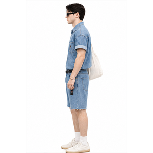 ชุดยีนส์ขาสั้นผู้ชายใส่สบาย ตัวเลือกที่ดีที่สุด ทนทาน แฟชั่นเสื้อเชิ้ตเข้าชุดกับกางเกงขาสั้น ชุดยีนส์ขาสั้นผู้ชายสำหรับฤดูร้อน - Product Image 4