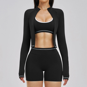 Premium Women's <b>Seamless</b> Yoga Set 3 Piece Nylon Spandex Fitness Leggings Bra Jacket Halter Neck Four-Way Stretch Eco-Friendly - Product Image 4
