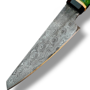 Couteaux de chef en acier Damas en gros avec lame pointue et affûtée, finition en acier à motifs uniques et manche en résine de bois pour professionnels - Product Image 5