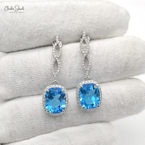 14K <b>Fine</b> White Gold Gemstone Dangle <b>Earrings</b> 11X9MM Octagon Cut Swiss Blue Topaz & White Diamond Halo Dangle Push Back <b>Earrings</b> - Product Image 4