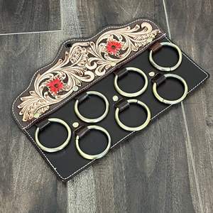 New Premium Hand Tooled Genuine Leather Scarf And Wild Rag Holder Floral Wall Mounted Western Rustic <b>Metal</b> Ring Organizer <b>Rack</b> - Product Image 6