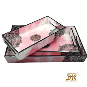 ชุดถาดเสิร์ฟเคลือบสีชมพูพิมพ์ลายแมนดาลา ถาดไม้ตกแต่งพร้อมหูจับ สำหรับโต๊ะอาหาร ของตกแต่งบ้าน ของขวัญ - Product Image 1