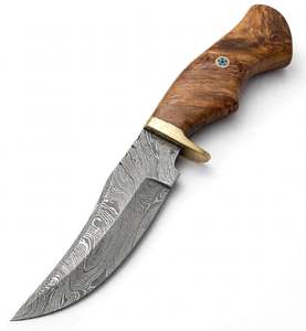 Cuchillo utilitario de punta curva de acero de Damasco hecho a mano con mango de madera de Burl y guardacuchillo de latón, herramienta de campo - Product Image 5
