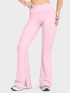 Leggings de yoga évasés taille haute pour femmes avec poches, pantalon rose uni extensible pleine longueur, design sans couture - Product Image 2