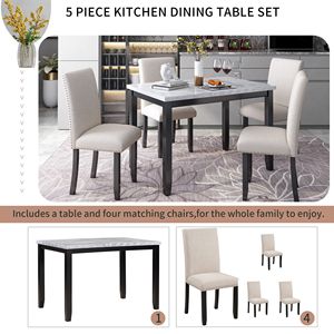 Set da pranzo in finto marmo 5 pezzi tavolo bianco/Beige e nero con 4 spessi cuscini sedie mobili per la casa per la sala da pranzo - Product Image 2