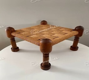 Ecowoodies Modern Wooden <b>Stool</b> with Fabric Seat Square Ottoman for Indoor Outdoor Use - Product Image 4