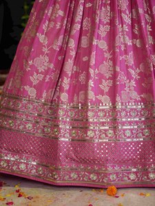 <b>Pink</b> Silk Jacquard Lehenga Choli Set Zari Embroidered Dupatta Floral Party <b>Wedding</b> <b>Dress</b> for Women - Product Image 6