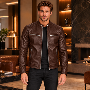 <b>Men</b>’s Brown <b>Genuine</b> <b>Leather</b> Biker <b>Jacket</b> with Zip Pockets | Braune Herren-Motorradjacke aus Echtleder - Product Image 5