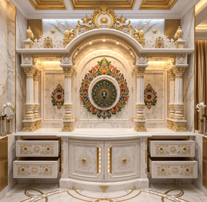 Large Size Marble Look Teak Wood <b>Mandir</b> Pooja Room Premium Hand-Carved Hindu Temple Cabinet Custom Professional Detachable - Product Image 2