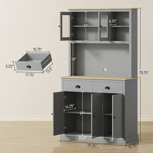 71\" Tall Modern Gray <b>Freestanding</b> <b>Kitchen</b> Cabinet 71\" Tall Pantry Hutch with Wide Countertop and Adjustable Shelves - Product Image 3