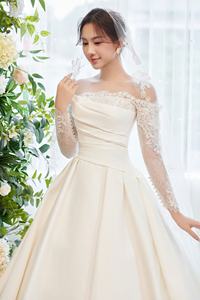 Vestido de novia de satén de alta calidad OEM TNBP No14, vestido de baile de encaje de lujo con cuello en V, manga larga, sencillo, modesto, estilo Vintage, estampado sólido - Product Image 2