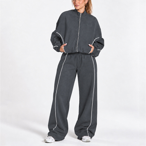 <b>Women</b> Contrastline Zipper Tracksuit Casual Two Piece Set Relaxed Fit <b>Jacket</b> And Wide Leg Pants Matching Outfit Wholesale Apparel - Product Image 1
