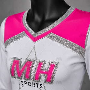 Uniforme de Animadoras Personalizado de Manga Larga en Poliéster, Vestido de Animadoras para Niñas, Impresión por Transferencia de Calor, Blanco, Rosa, Plateado, con Pedrería, para Equipo - Product Image 6