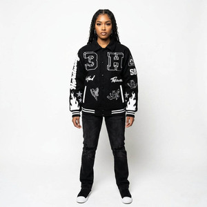 Men's Black Varsity <b>Jacket</b> With White Embroidered Logo And Patch Designs Streetwear Style Turn-down Collar Regular Fit - Product Image 4