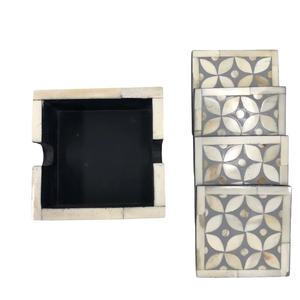 Bone Inlay <b>Coaster</b> <b>Set</b> of 4 Traditional Bone Inlay <b>Coaster</b> With Holder Leaf Design Green and White Non-Slip Mats - Product Image 4