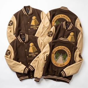 ผู้จัดจำหน่ายเสื้อผ้า เสื้อแจ็คเก็ต Varsity Letterman แขนหนัง ผ้าขนสัตว์ ปักลาย Topiary แบบเป็นทางการ ปักลายเรขาคณิต ปักลาย Yew สีน้ำตาล - Product Image 1