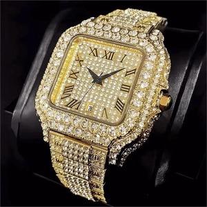 Montre de luxe carrée entièrement sertie de diamants VVS avec cadran romain, montre analogique à quartz entièrement incrustée de diamants pour femmes - Product Image 2