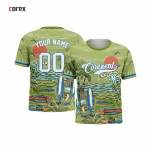 เสื้อเชิ้ตคอเร็กซ์แขนสั้นพิมพ์ลายเขตร้อนสีเขียวสำหรับผู้ชายพร้อมลายกระดานโต้คลื่นคอกลมเสื้อเชิ้ตปกติ - Product Image 3