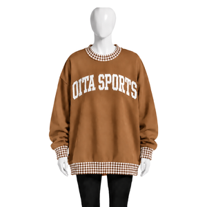 Sweat-shirt à col rond pour homme, coupe ample, marron camel, avec col et poignets à carreaux, manches longues, motif graphique, style streetwear décontracté - Product Image 1