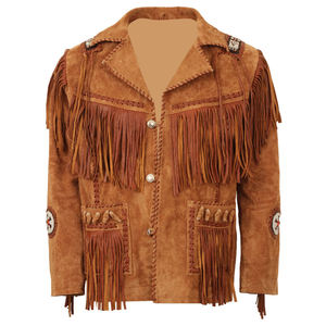 Men Cow Skin <b>Suede</b> Tassel Fringe <b>Leather</b> <b>Jacket</b> Breathable 240g Turn-down Collar Western Style Casual Winter Coat - Product Image 1