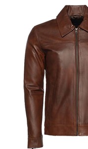 Veste de moto en cuir véritable marron pour homme de qualité supérieure, fermeture éclair, coupe ajustée, pour l'automne - Product Image 4
