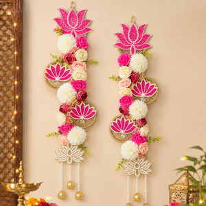 Pink Lotus Floral Wall Hanging Pair Pearl Tassel Door Toran Wedding Festival <b>Mandir</b> Home Decor Gift Item for Pooja Event - Product Image 1
