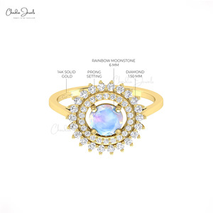Double Halo <b>Ring</b> 6mm Prong Set Moonstone & Diamond <b>Cocktail</b> <b>Ring</b> In 14k Solid <b>Gold</b> June Birthstone Jewelry For Women - Product Image 6